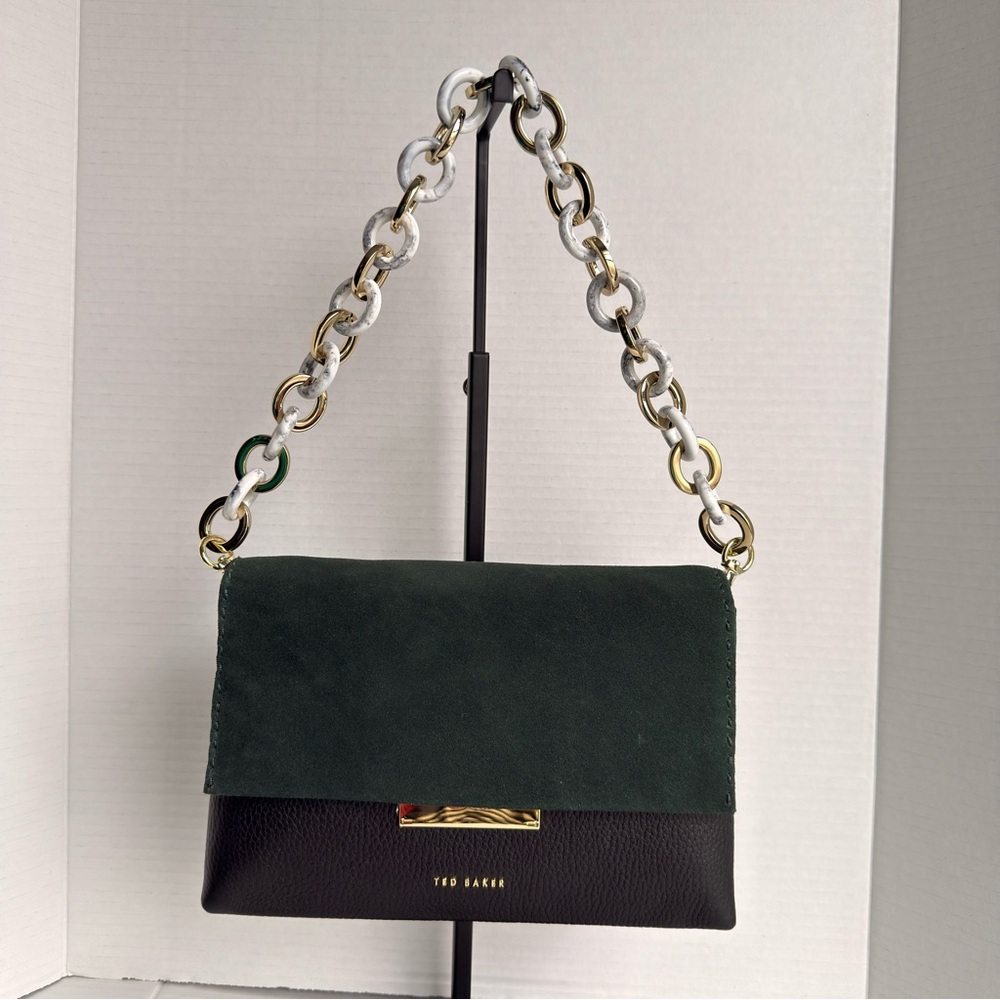 Ted Baker Jet Aalice Shoulder Bag Green Suede Flap Pebbled Leather Marble Chain